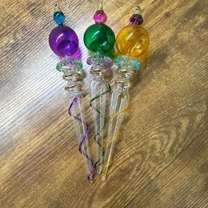 Christmas Tree Ornament handblown glass Finial Shaped Tear Drop Purple Green 9”